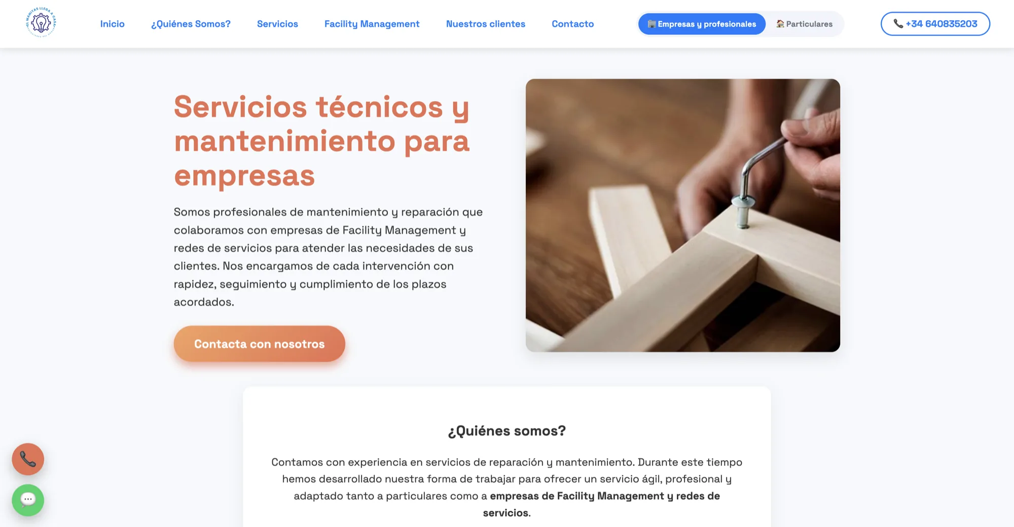 Portada de la web de El Manitas Llega a Casa: titular «Servicios técnicos y mantenimiento para empresas», botón «Contacta con nosotros» y una foto de unas manos atornillando una pieza de madera